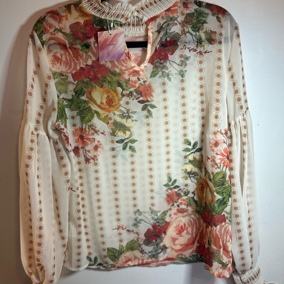 Chicwish Floral Puff Sleeve Blouse‎ in Cream and Red - Picture 5 of 8